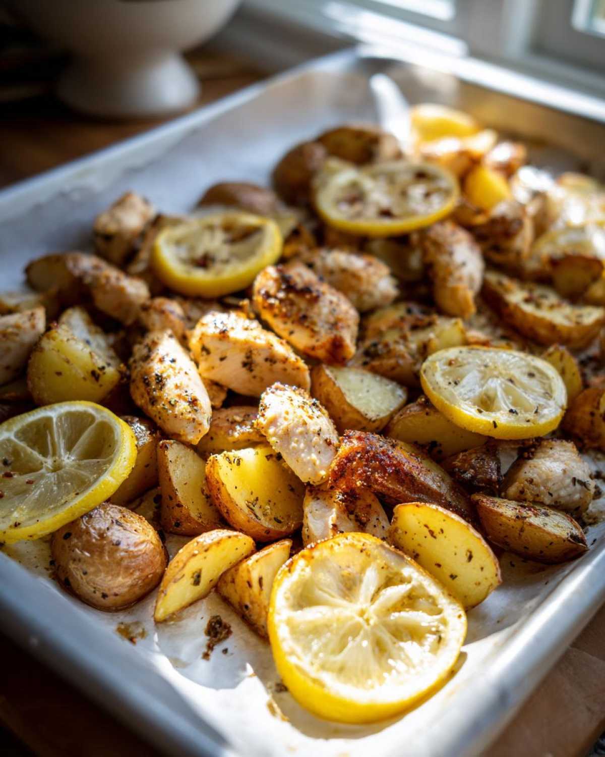 Close-up of Sheet Pan Lemon Pepper Chicken and Potatoes with roasted lemon slices on a baking sheet.