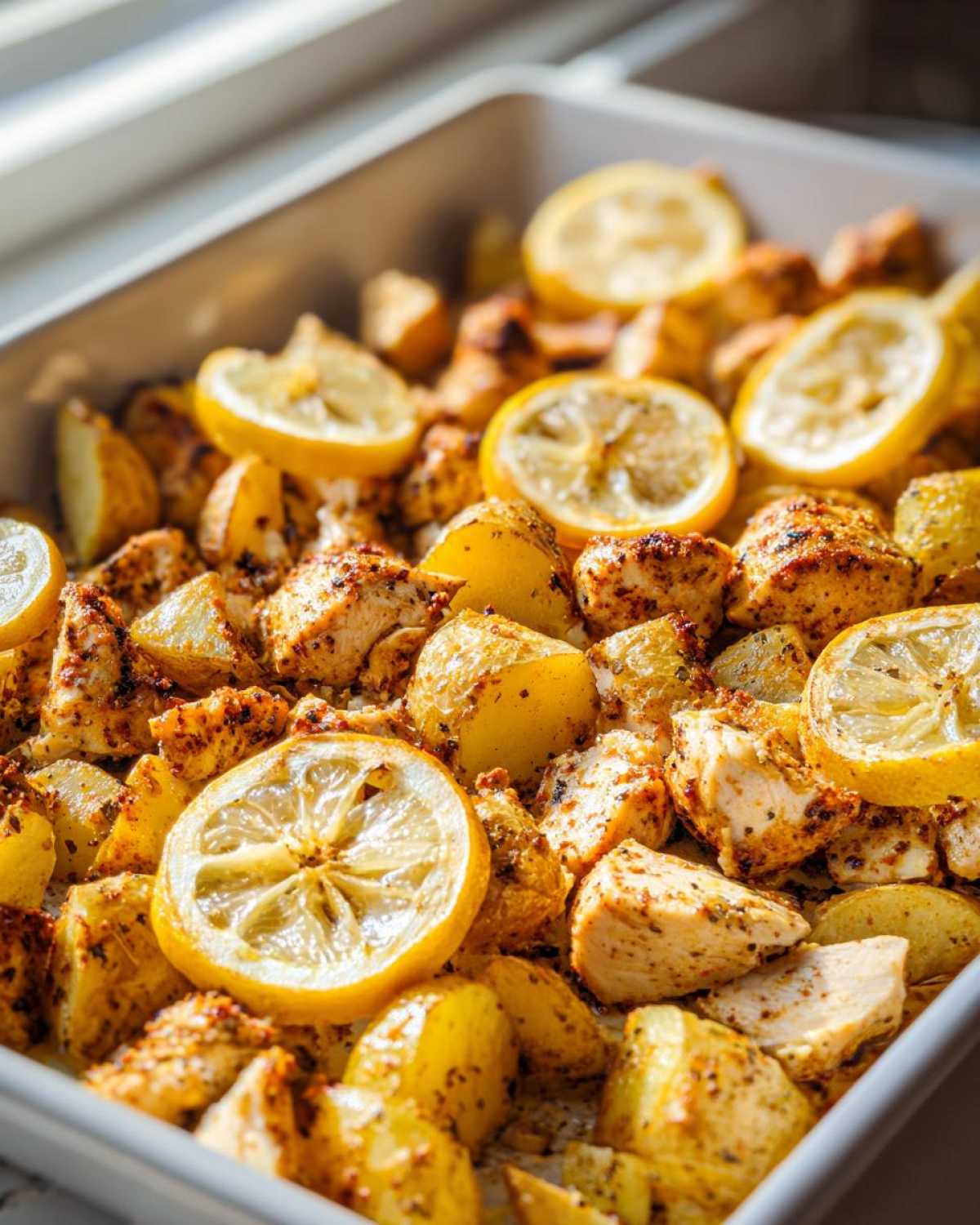 Close-up of seasoned chicken chunks and roasted potatoes topped with lemon slices in a white baking dish.