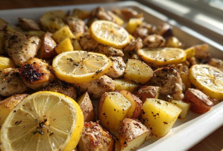 Close-up of Sheet Pan Lemon Pepper Chicken and Potatoes with roasted lemon slices.