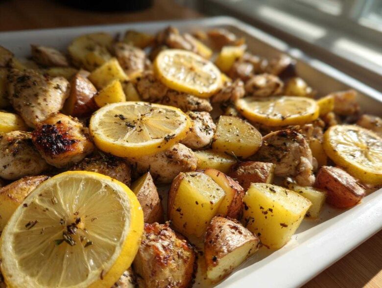 Close-up of Sheet Pan Lemon Pepper Chicken and Potatoes with roasted lemon slices.
