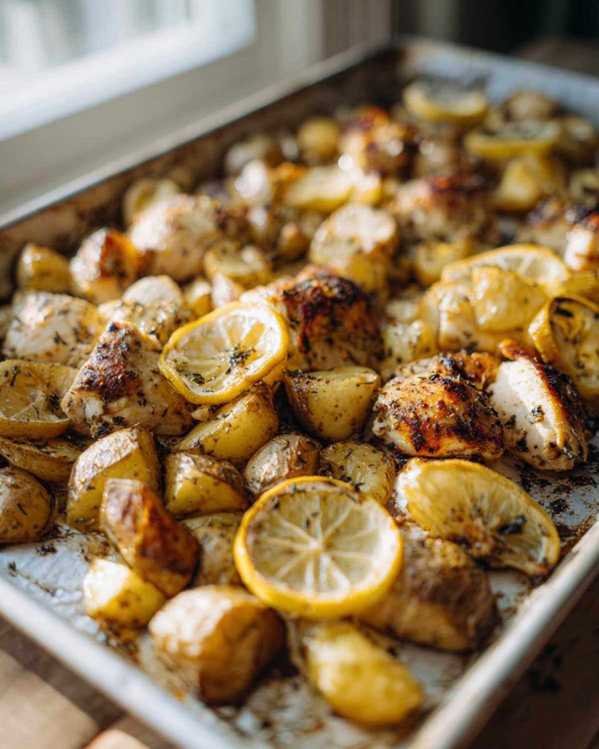 Close-up of Sheet Pan Lemon Pepper Chicken and Potatoes with roasted lemon slices on a baking sheet.