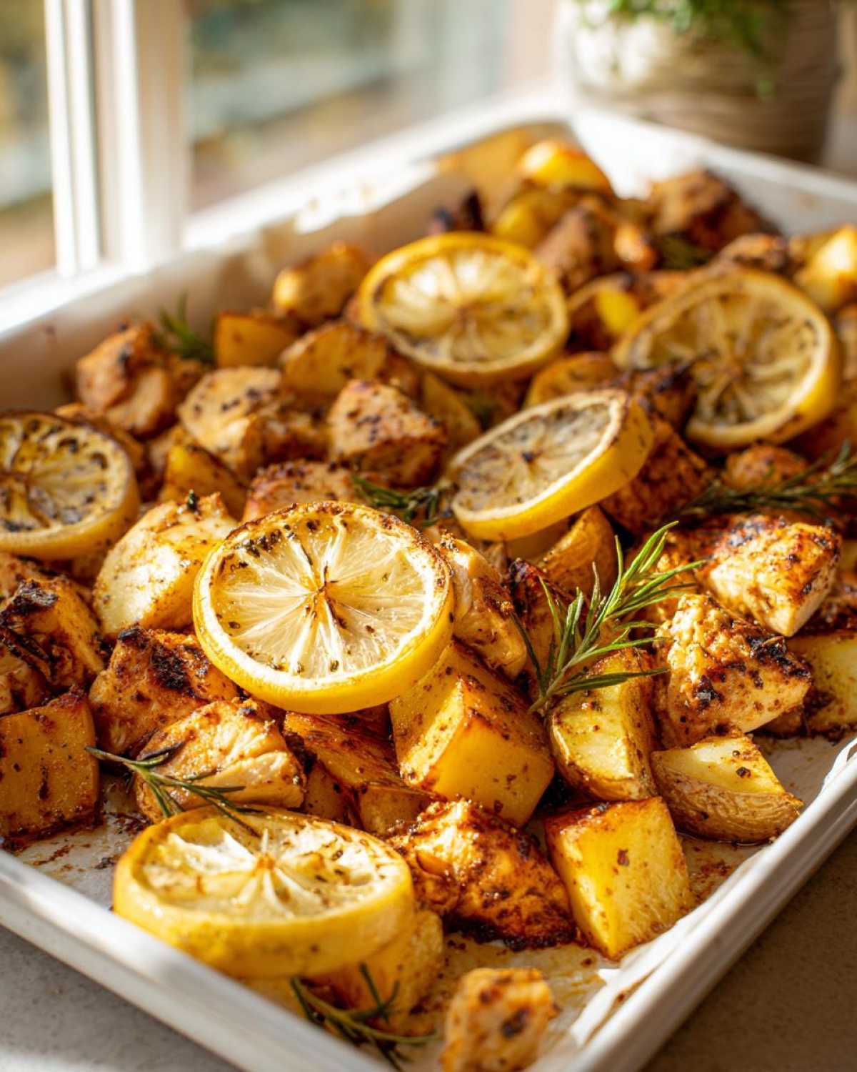 Close-up of Sheet Pan Lemon Pepper Chicken and Potatoes garnished with roasted lemon slices and rosemary.