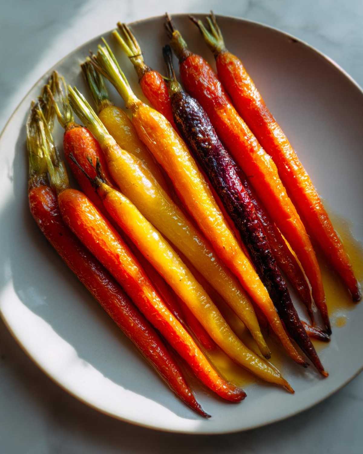 Close-up of glossy, roasted Sheet Pan Roasted Rainbow Carrots with Honey on a white plate.