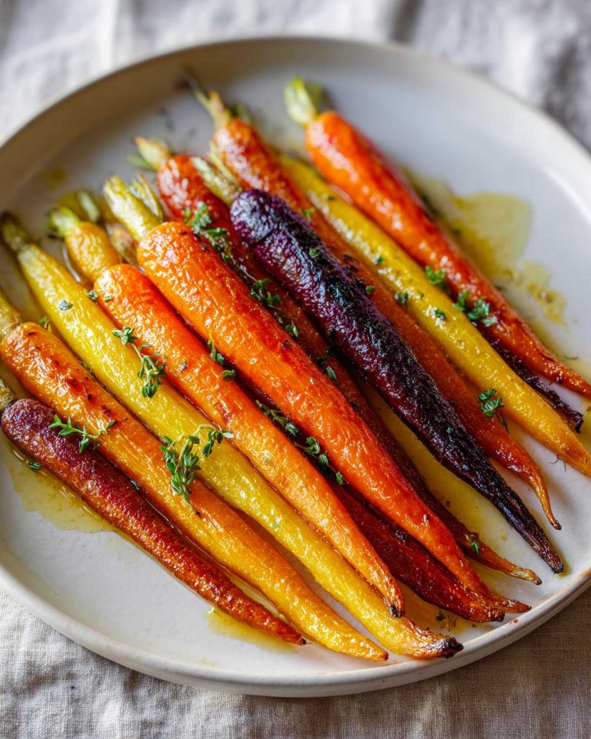 A close-up of Sheet Pan Roasted Rainbow Carrots with Honey, glazed and garnished with thyme on a light plate.
