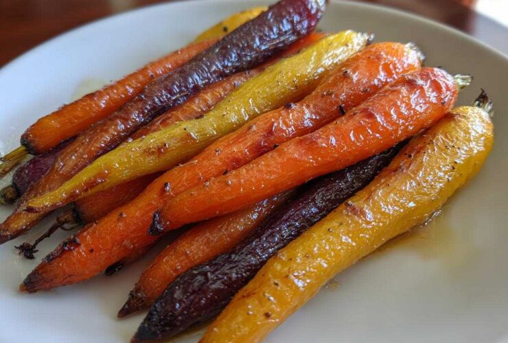 Close-up of glossy, roasted rainbow carrots glazed with honey, served on a white plate.