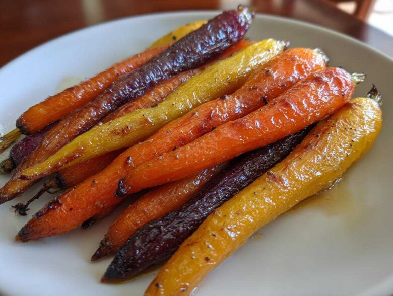Close-up of glossy, roasted rainbow carrots glazed with honey, served on a white plate.