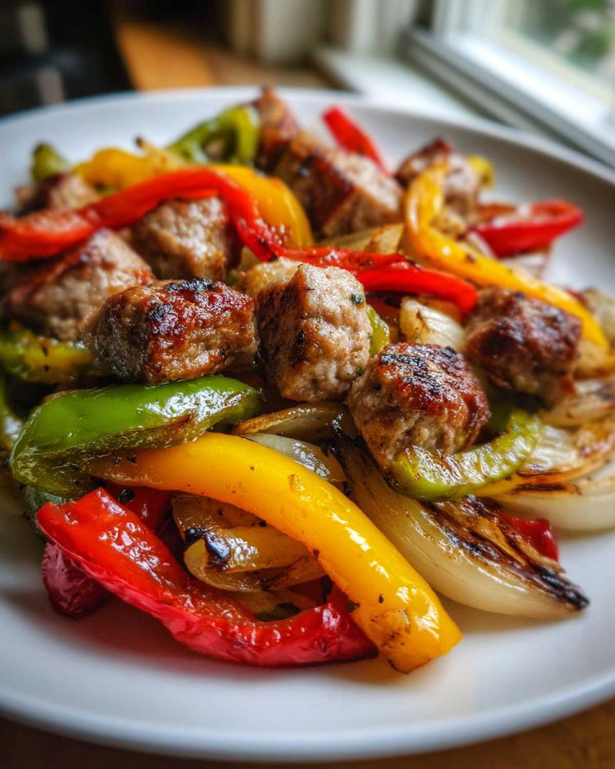 Close-up of cooked sausage pieces mixed with roasted red, yellow, and green peppers and onions from Sheet Pan Sausage and Peppers.