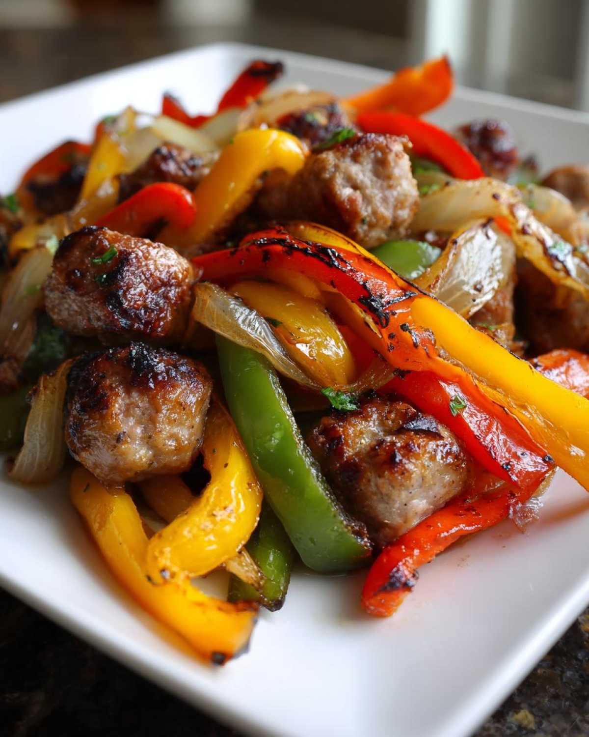 Close-up of browned sausage pieces mixed with charred red, yellow, and green bell peppers and onions from Sheet Pan Sausage and Peppers.