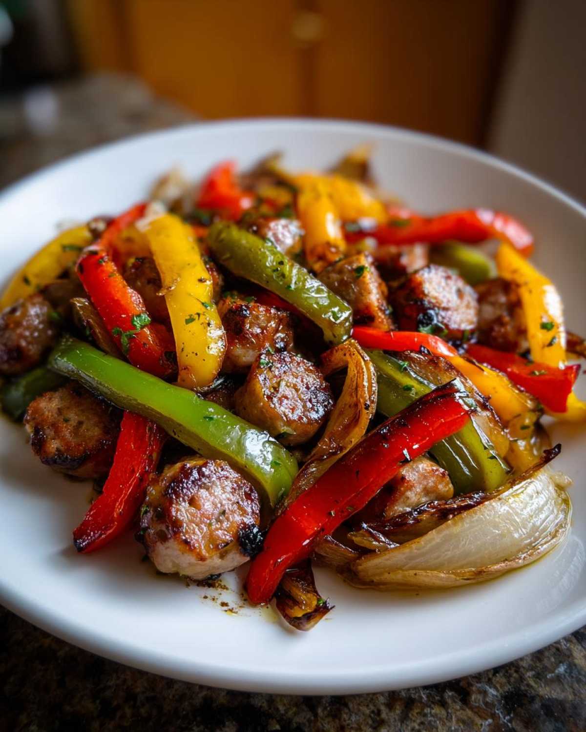 Close-up of browned sausage slices mixed with vibrant red, yellow, and green peppers and caramelized onions from Sheet Pan Sausage and Peppers.
