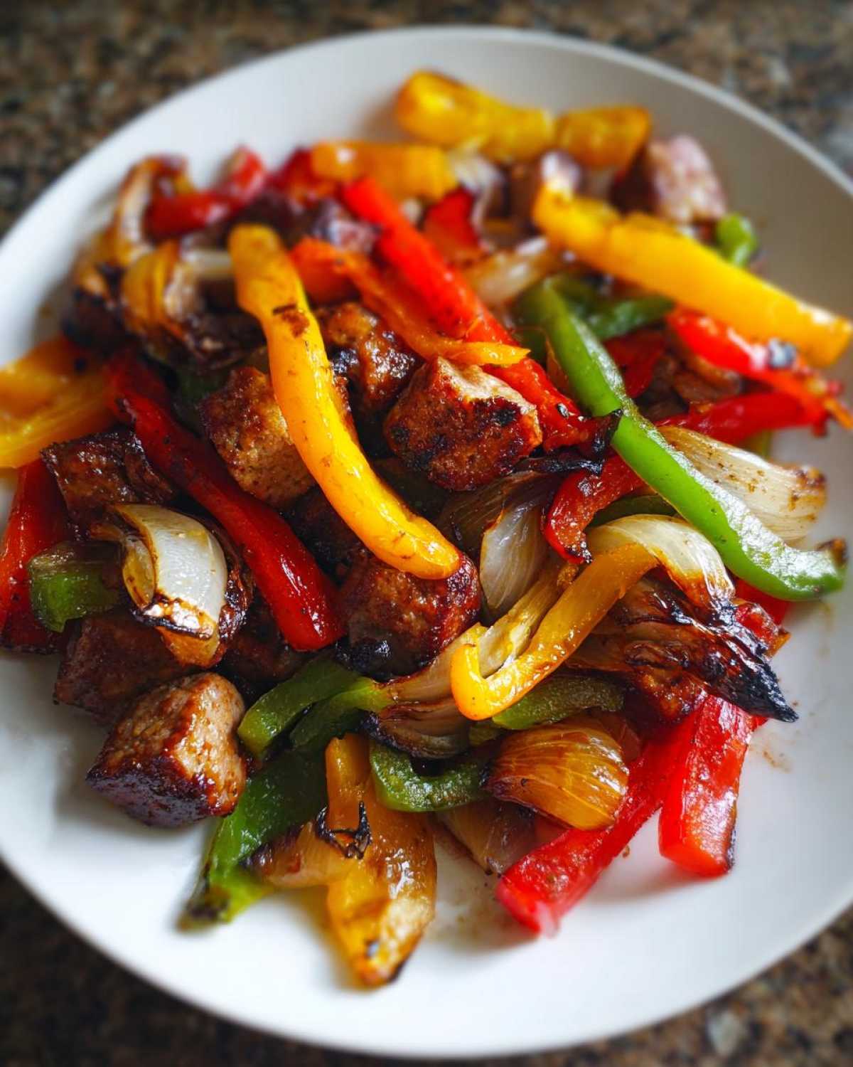 Close-up of colorful Sheet Pan Sausage and Peppers mixture served on a white plate.