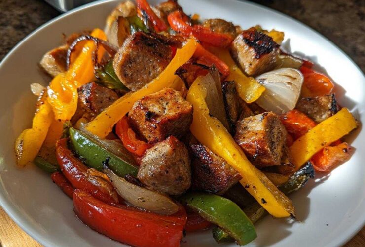 Close-up of cooked Sheet Pan Sausage and Peppers, featuring browned sausage chunks and roasted red, yellow, and green bell peppers.