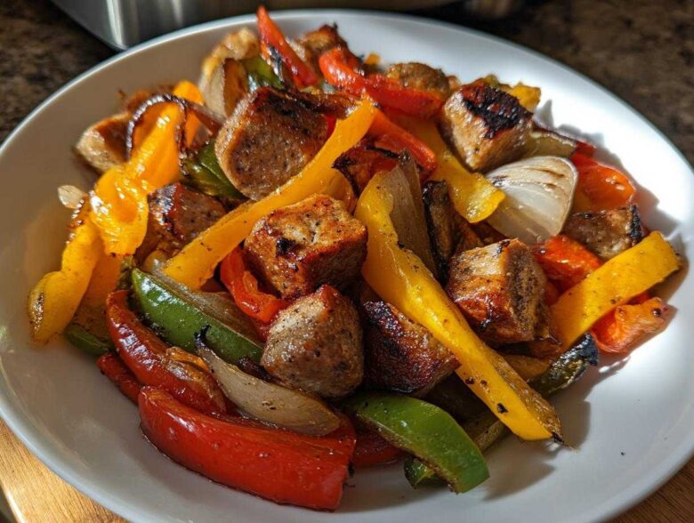 Close-up of cooked Sheet Pan Sausage and Peppers, featuring browned sausage chunks and roasted red, yellow, and green bell peppers.