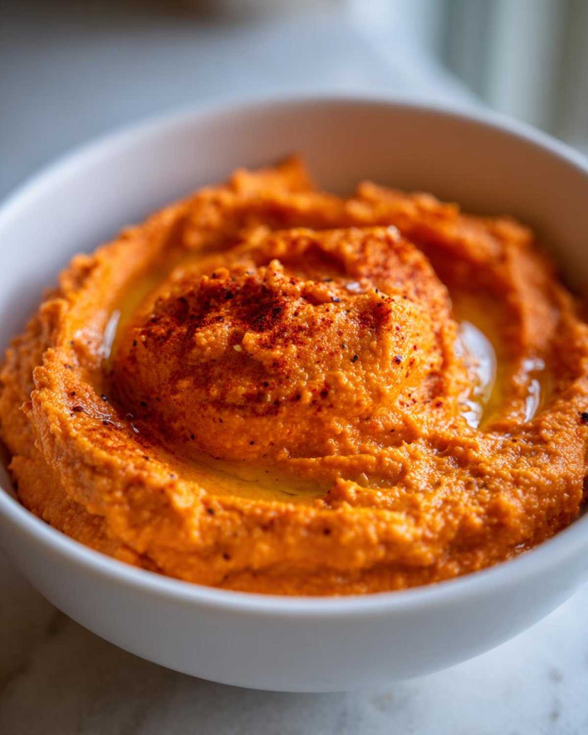Close-up of vibrant orange Roasted Red Pepper Hummus swirled in a white bowl, drizzled with olive oil and sprinkled with paprika.