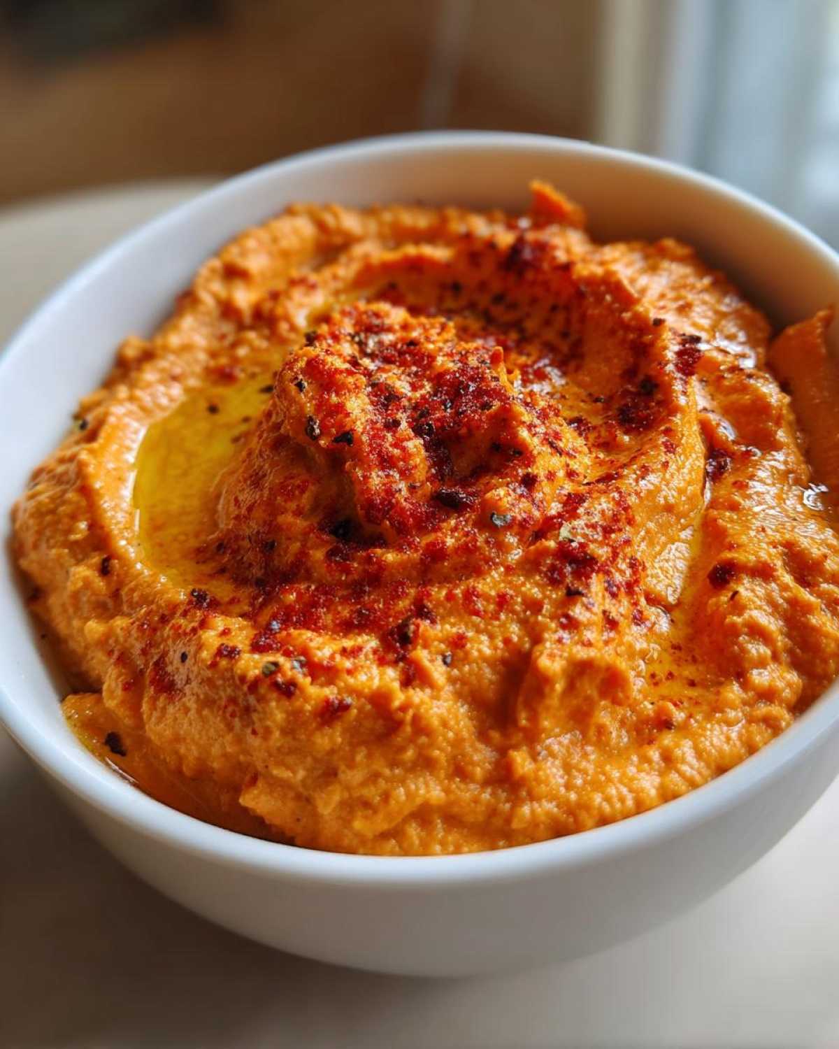 Close-up of silky Roasted Red Pepper Hummus topped with olive oil and paprika in a white bowl.