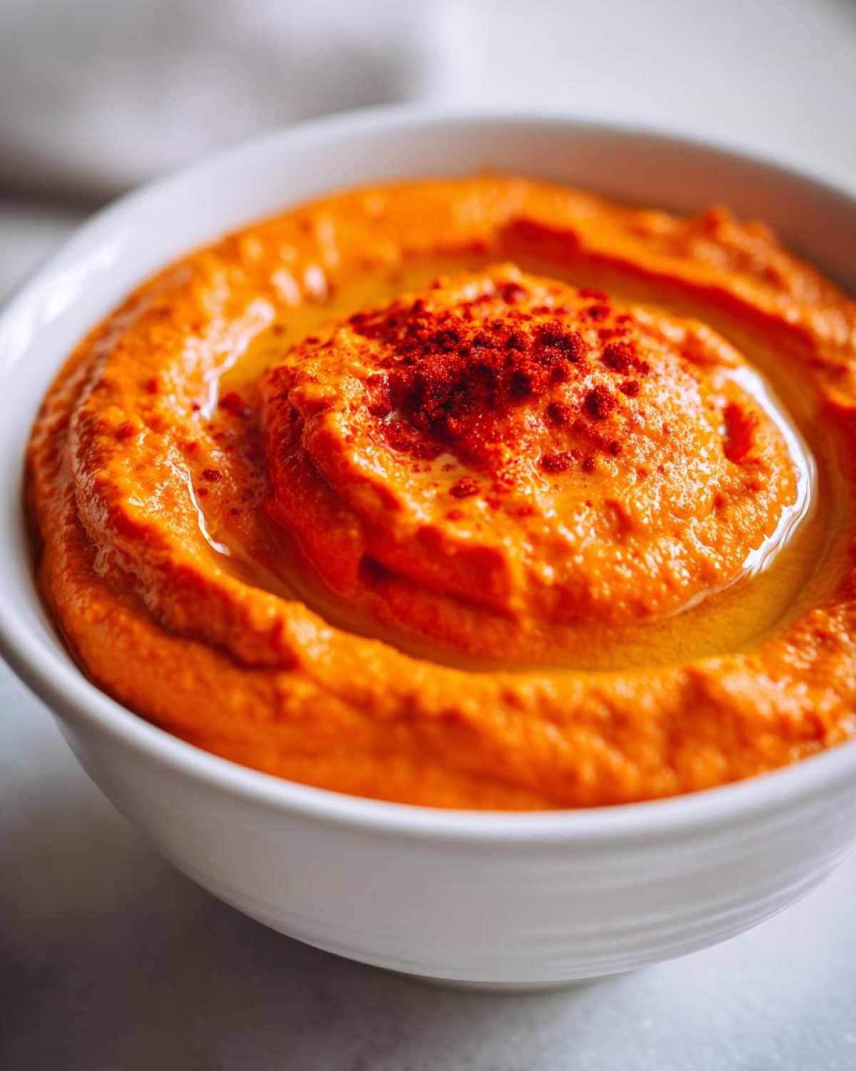Close-up of vibrant orange Roasted Red Pepper Hummus in a white bowl, drizzled with olive oil and sprinkled with paprika.