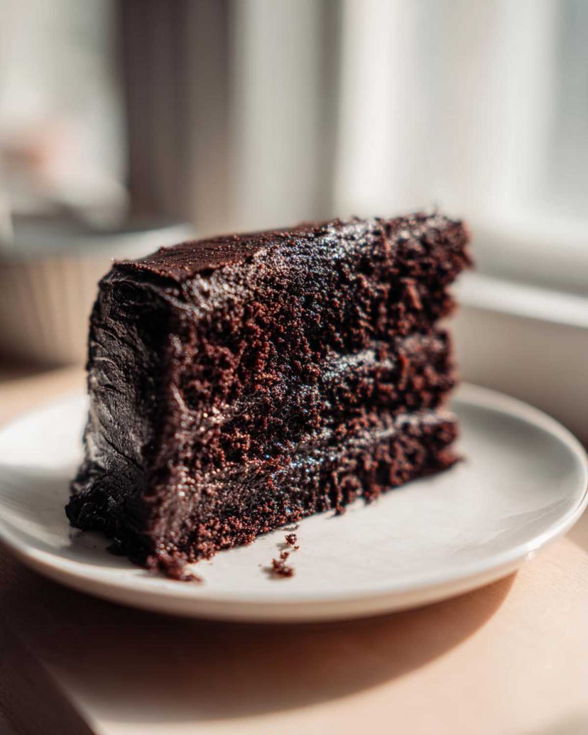 A moist, dark slice of Gluten-Free Chocolate Cake with rich frosting on a white plate.
