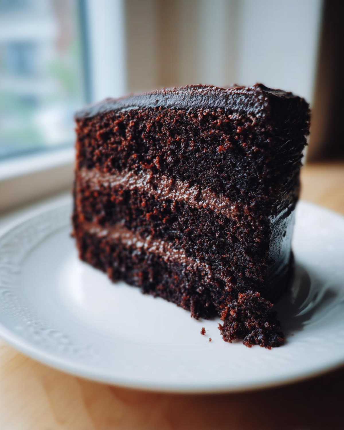 A close-up of a moist slice of layered Gluten-Free Chocolate Cake with dark chocolate frosting.