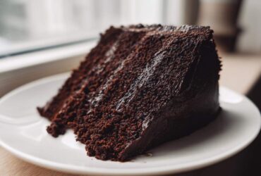 A close-up of a moist, dark slice of Gluten-Free Chocolate Cake covered in rich frosting on a white plate.