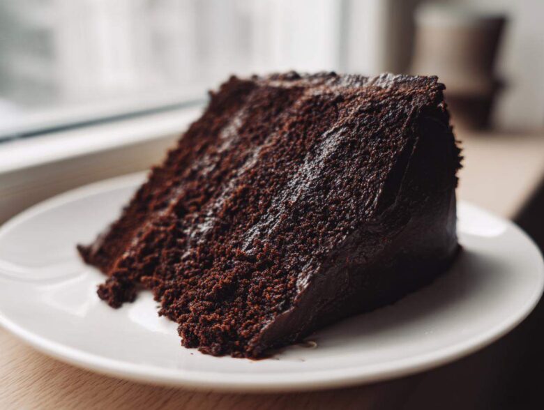 A close-up of a moist, dark slice of Gluten-Free Chocolate Cake covered in rich frosting on a white plate.