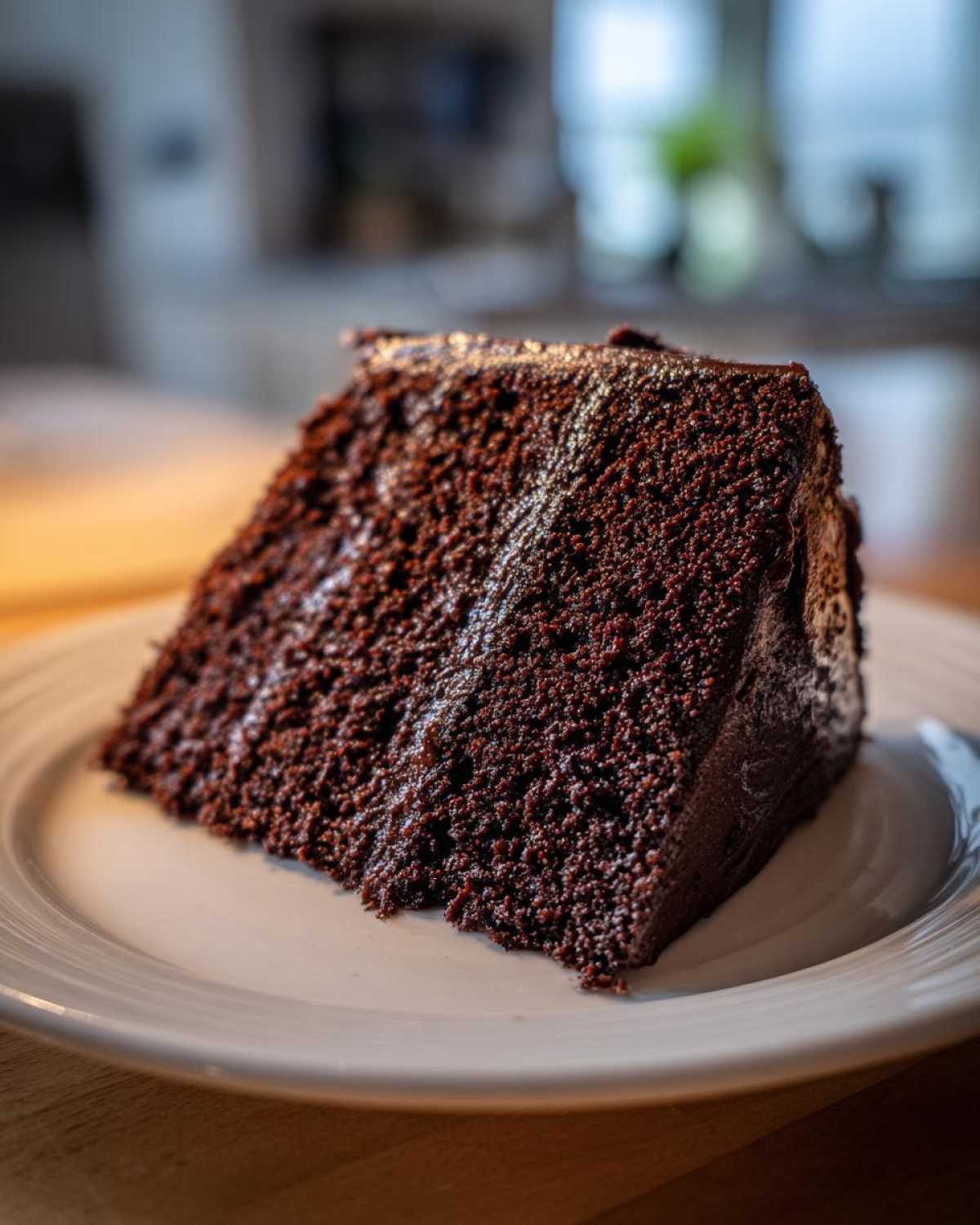 Close-up of a moist slice of dark Gluten-Free Chocolate Cake with rich frosting on a white plate.