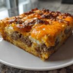 A close-up of a perfectly baked slice of Tater Tot Breakfast Casserole featuring sausage and melted cheddar cheese.