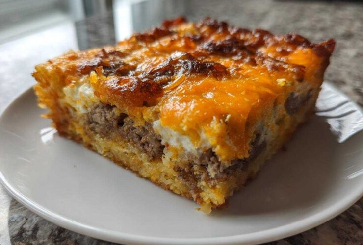 A close-up of a perfectly baked slice of Tater Tot Breakfast Casserole featuring sausage and melted cheddar cheese.