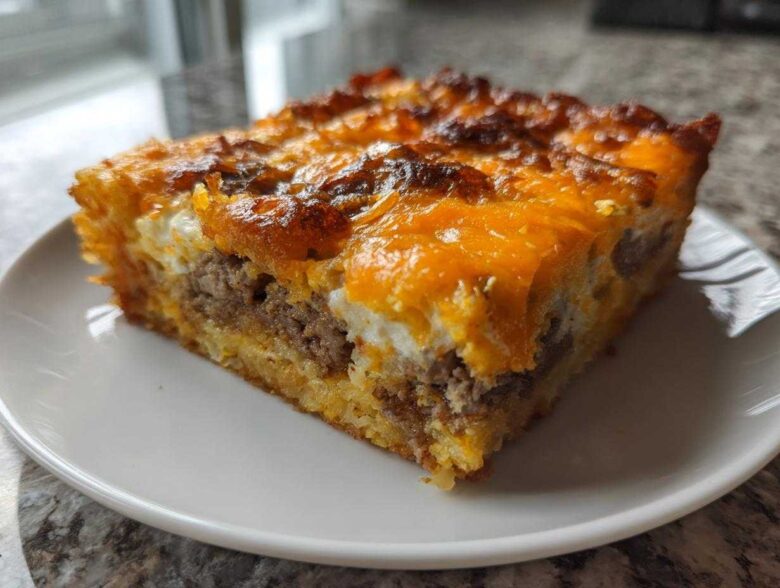 A close-up of a perfectly baked slice of Tater Tot Breakfast Casserole featuring sausage and melted cheddar cheese.