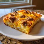A golden-brown slice of Tater Tot Breakfast Casserole topped with melted cheddar and sausage, served on a white plate.
