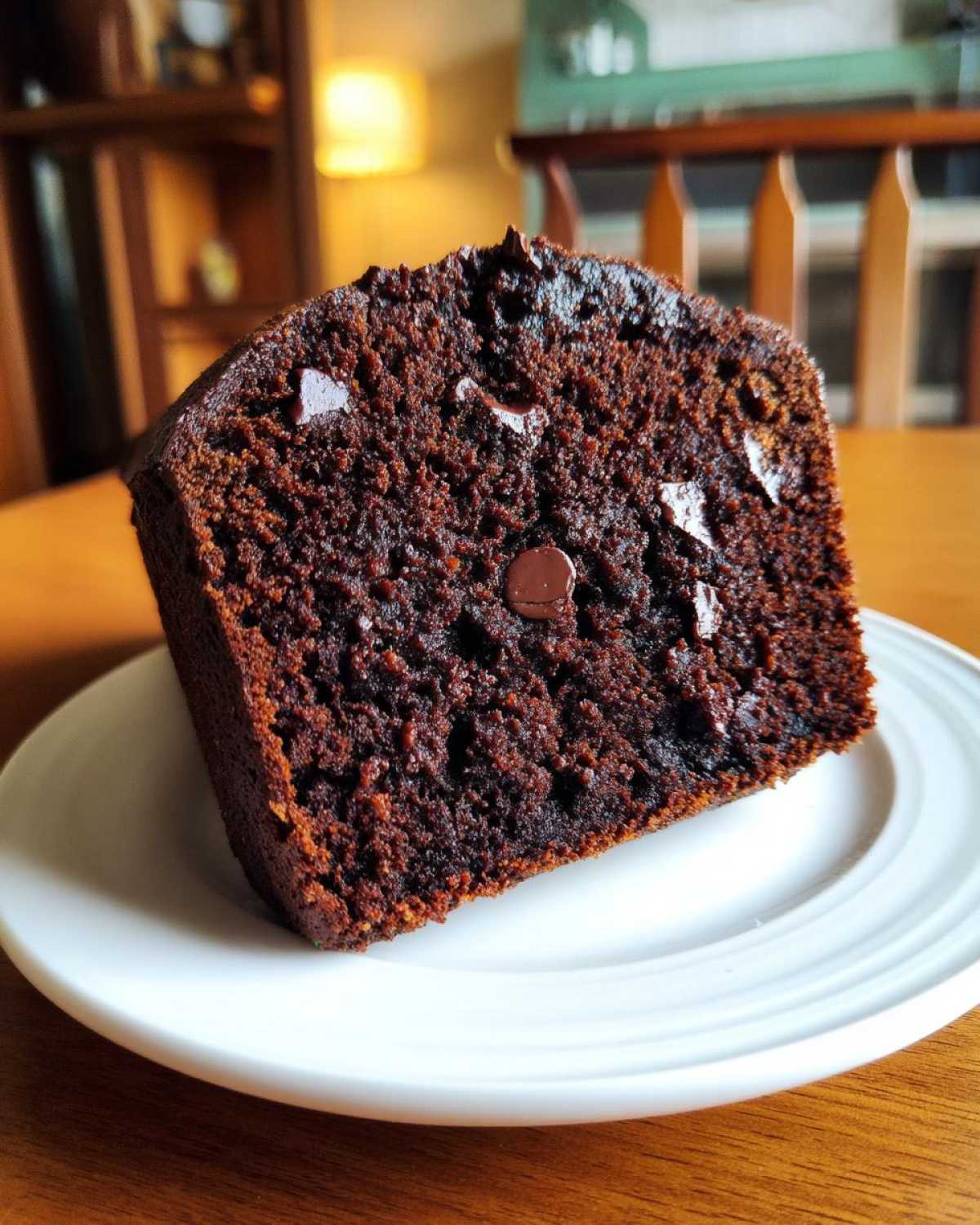 Close-up of a moist slice of Vegan Chocolate Banana Bread studded with dark chocolate chips, served on a white plate.