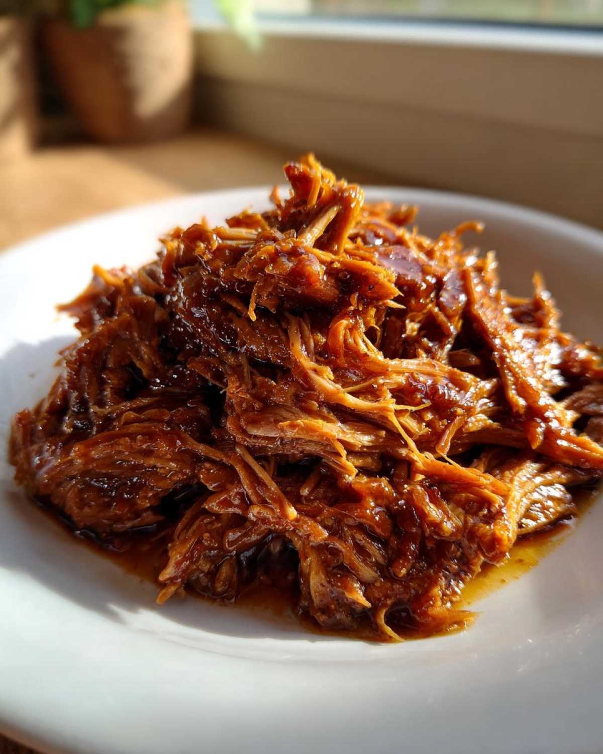 A close-up of shredded, saucy Slow Cooker Honey Garlic Pulled Pork piled high on a white plate.