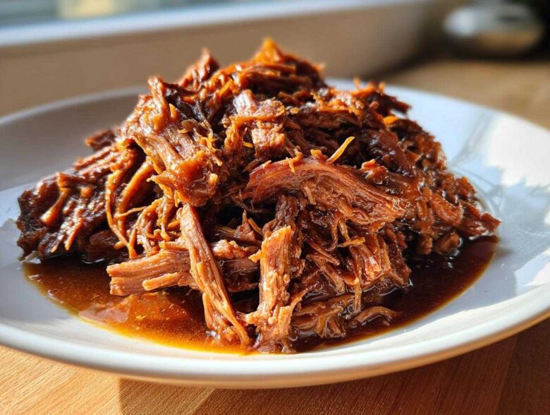 A pile of shredded, saucy Slow Cooker Honey Garlic Pulled Pork glistening on a white plate.