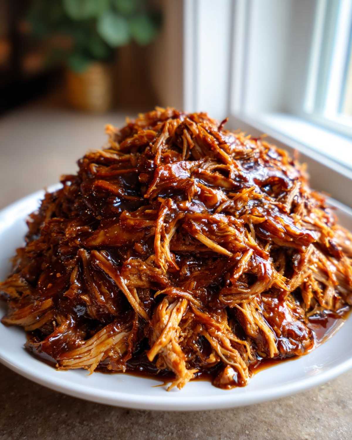 A large mound of shredded, saucy Slow Cooker Honey Garlic Pulled Pork piled high on a white plate.