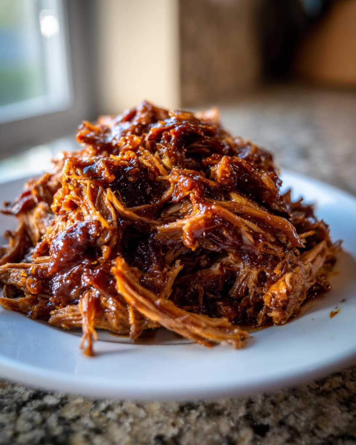 Close-up of a mound of saucy, shredded Slow Cooker Honey Garlic Pulled Pork on a white plate.