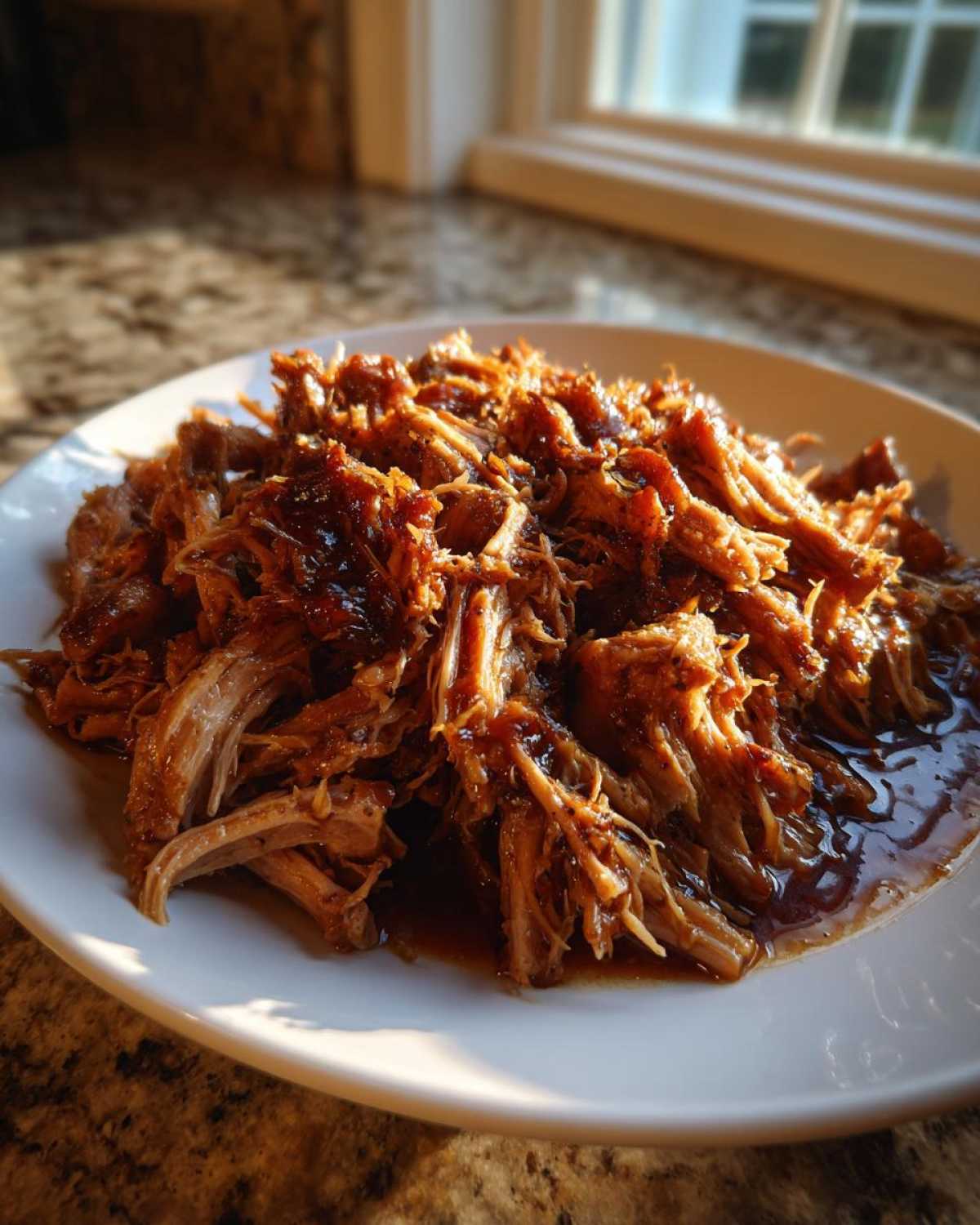 A close-up of shredded Slow Cooker Honey Garlic Pulled Pork, glistening with sauce, served on a white plate.