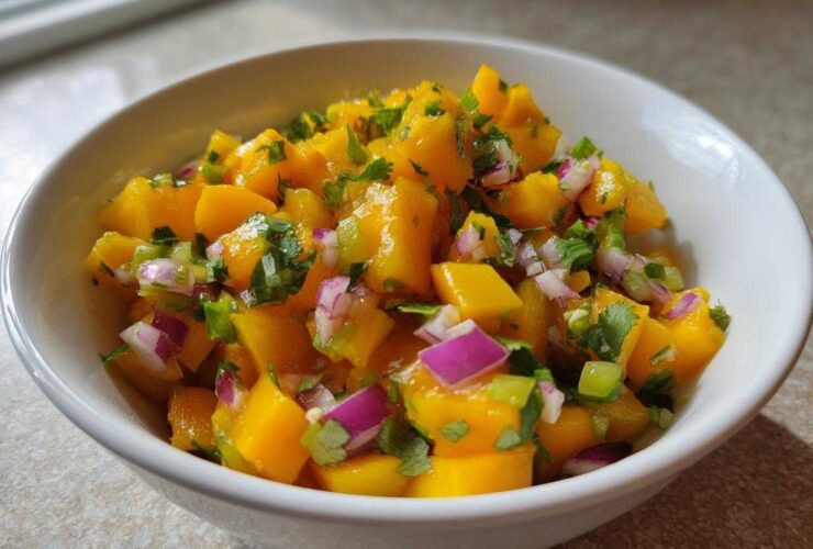 Close-up of a white bowl filled with bright orange chunks of mango, red onion, and cilantro, representing Spicy Mango Salsa.
