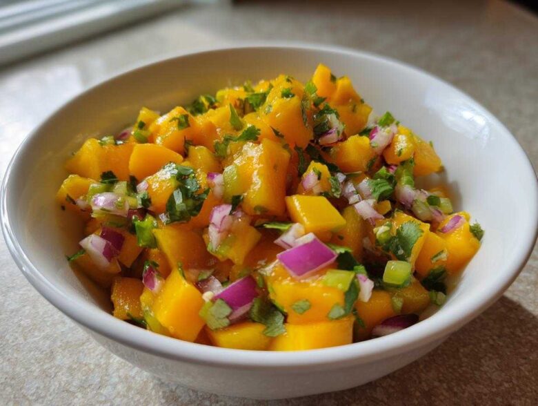 Close-up of a white bowl filled with bright orange chunks of mango, red onion, and cilantro, representing Spicy Mango Salsa.