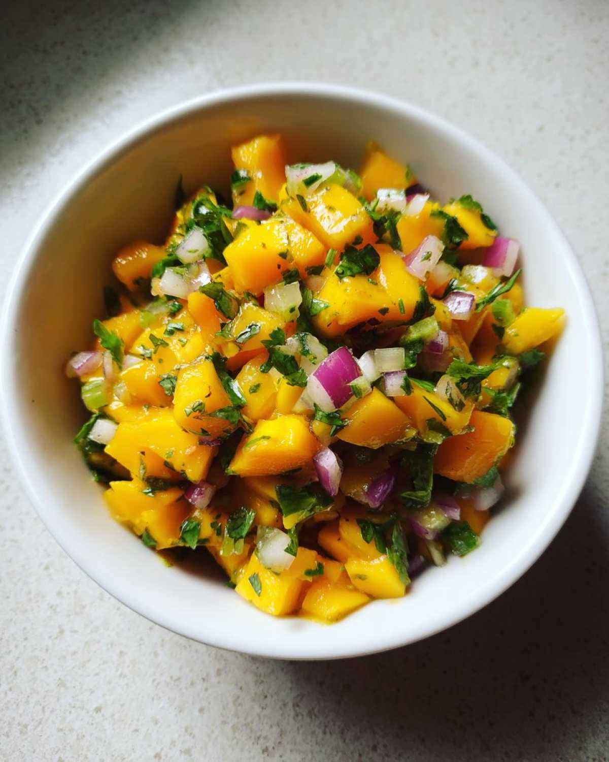 Close-up of vibrant Spicy Mango Salsa featuring diced mango, red onion, and cilantro in a white bowl.