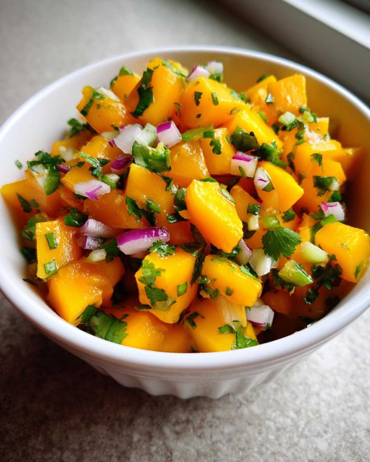 Close-up of vibrant Spicy Mango Salsa featuring diced mango, red onion, cilantro, and green chilies in a white bowl.