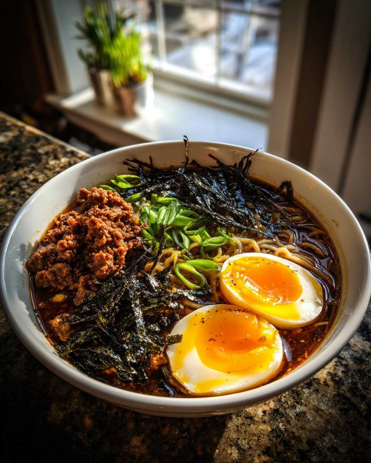 A bowl of Spicy Miso Ramen featuring noodles, savory ground meat, nori, and two perfectly halved soft-boiled eggs.