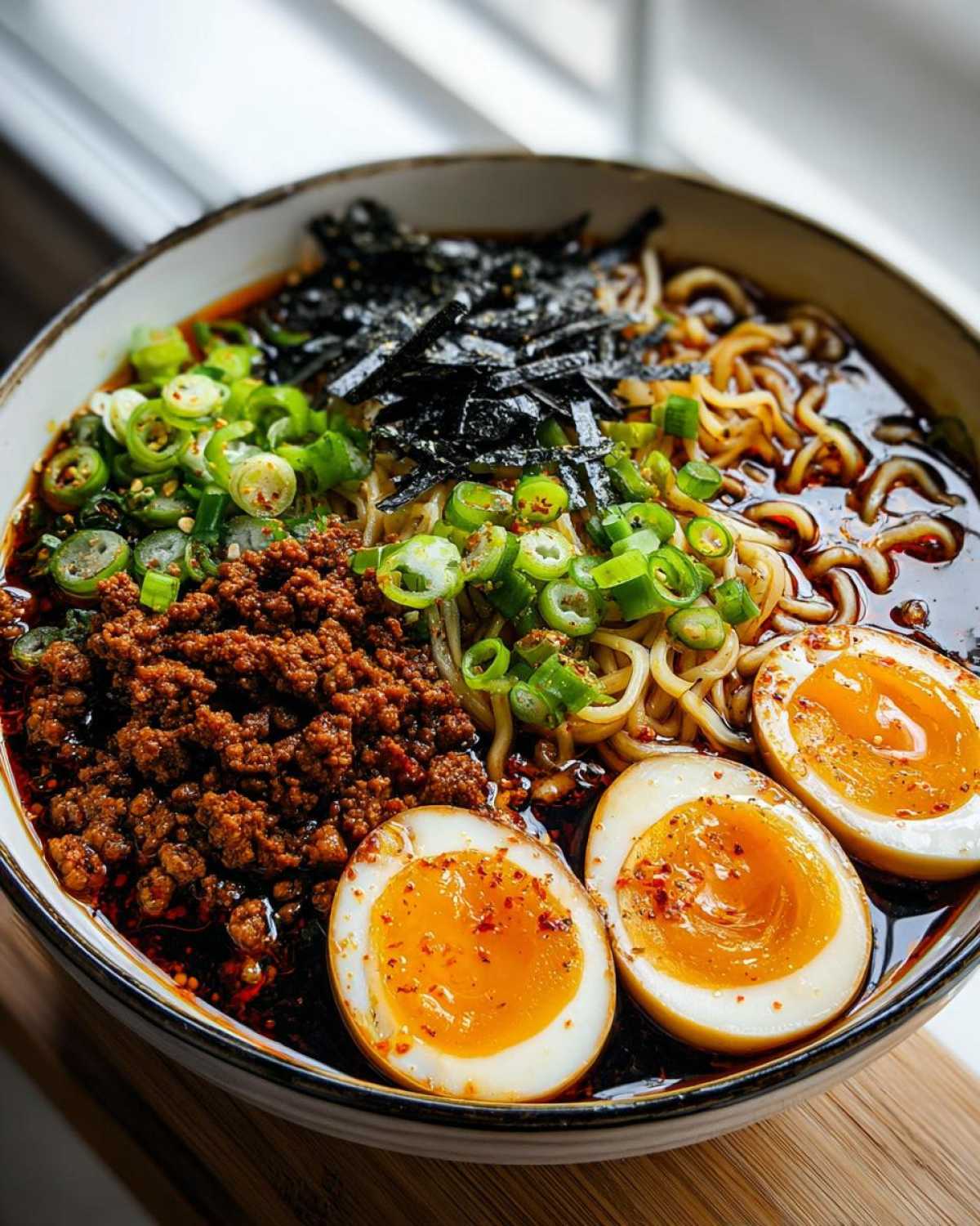 A close-up bowl of Spicy Miso Ramen featuring rich broth, noodles, ground meat, seaweed, green onions, and three halves of soft-boiled eggs.