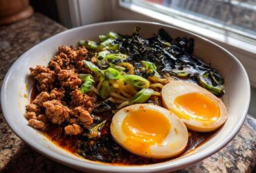 A close-up bowl of Spicy Miso Ramen featuring rich broth, ground meat, scallions, nori, and two perfectly halved soft-boiled eggs.
