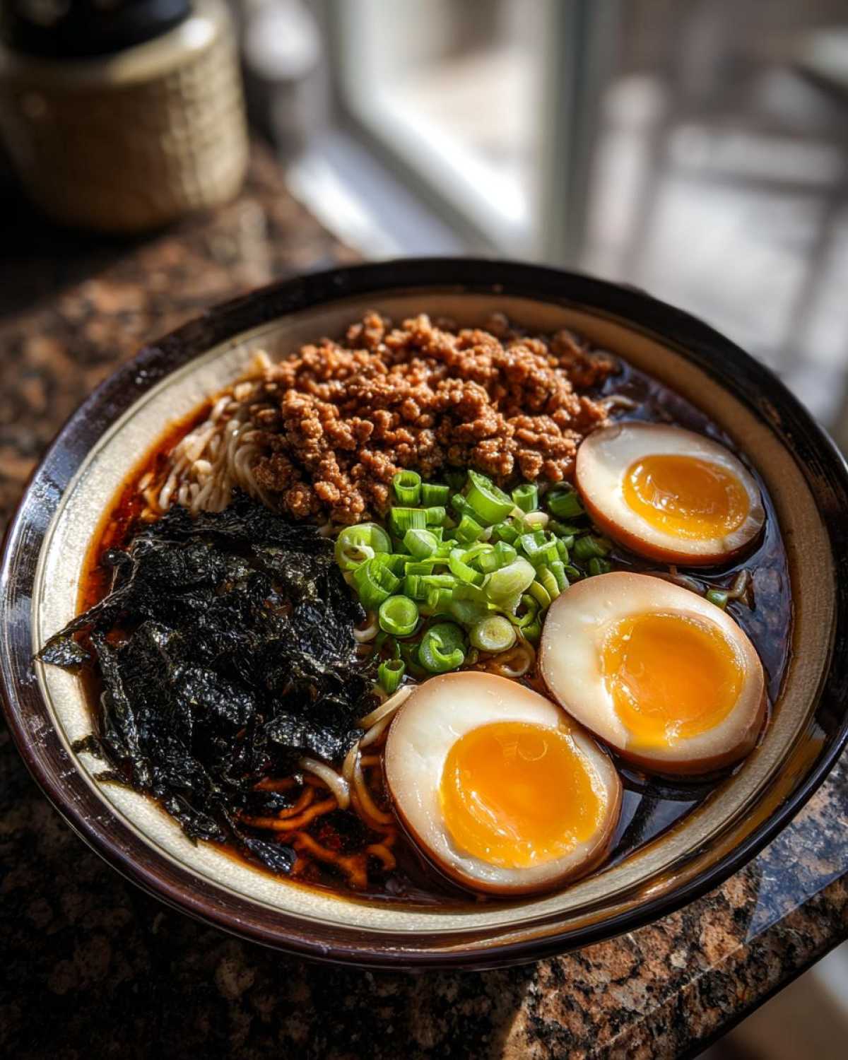 Close-up of Spicy Miso Ramen with rich broth, ground meat, nori, green onions, and two halves of a soft-boiled egg.