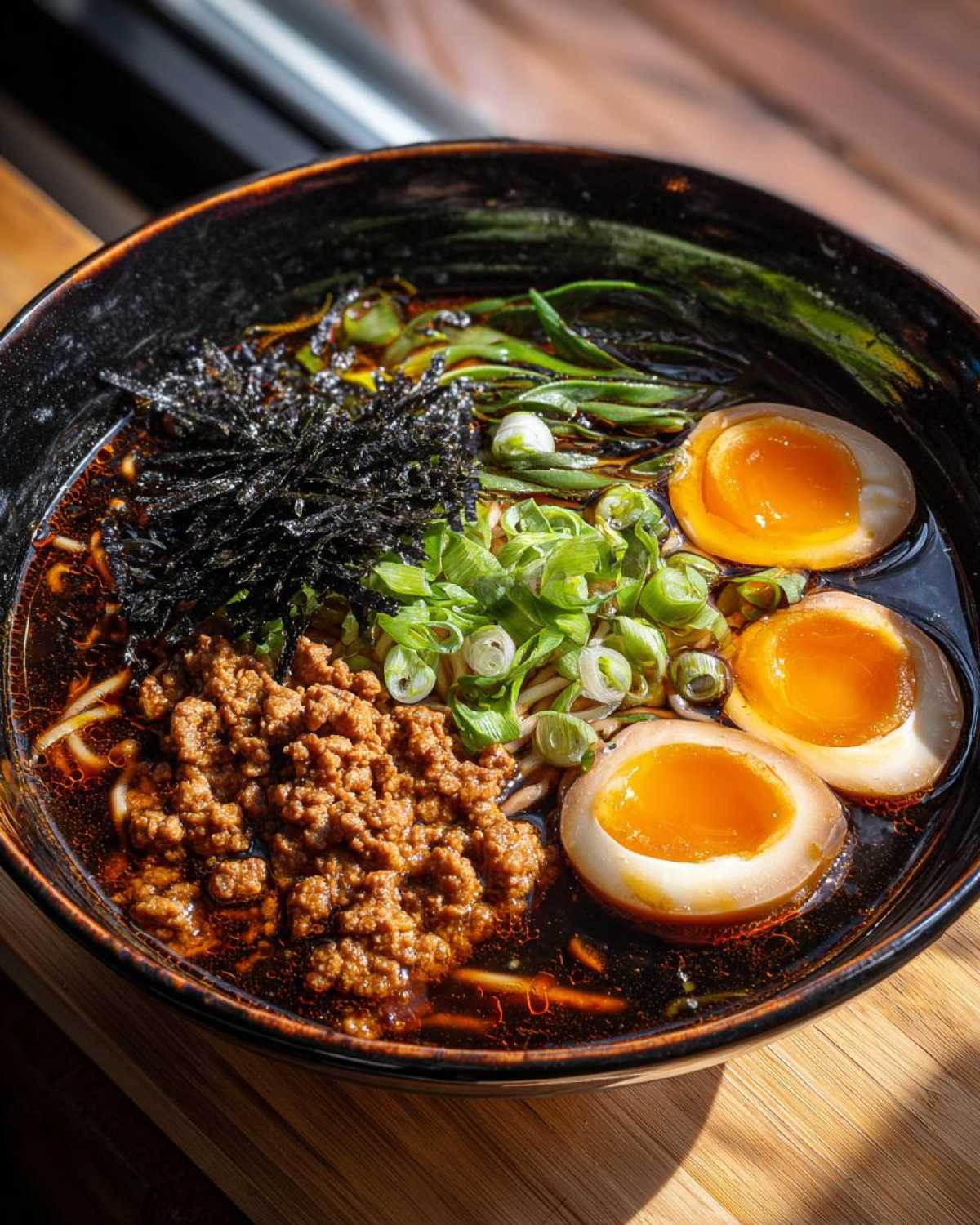 Close-up of Spicy Miso Ramen featuring rich broth, ground meat, nori, and two halves of a soft-boiled egg.