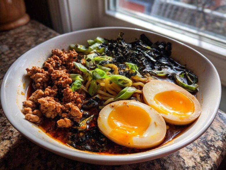 A close-up bowl of Spicy Miso Ramen featuring rich broth, ground meat, scallions, nori, and two perfectly halved soft-boiled eggs.