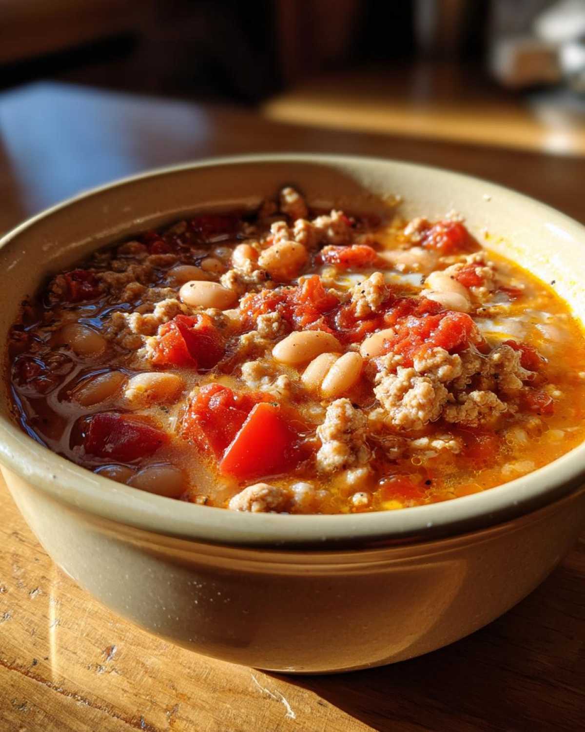 Close-up of a hearty bowl of Spicy Turkey White Bean Chili featuring ground turkey, white beans, and diced tomatoes.