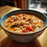 Close-up of a hearty bowl of Spicy Turkey White Bean Chili featuring ground turkey, white beans, and red peppers in a rich broth.