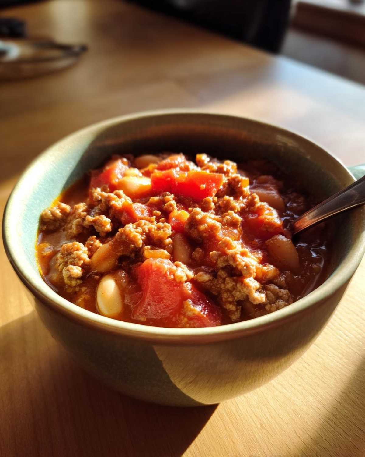 Close-up of a bowl filled with Spicy Turkey White Bean Chili, showing ground turkey, white beans, and tomatoes.