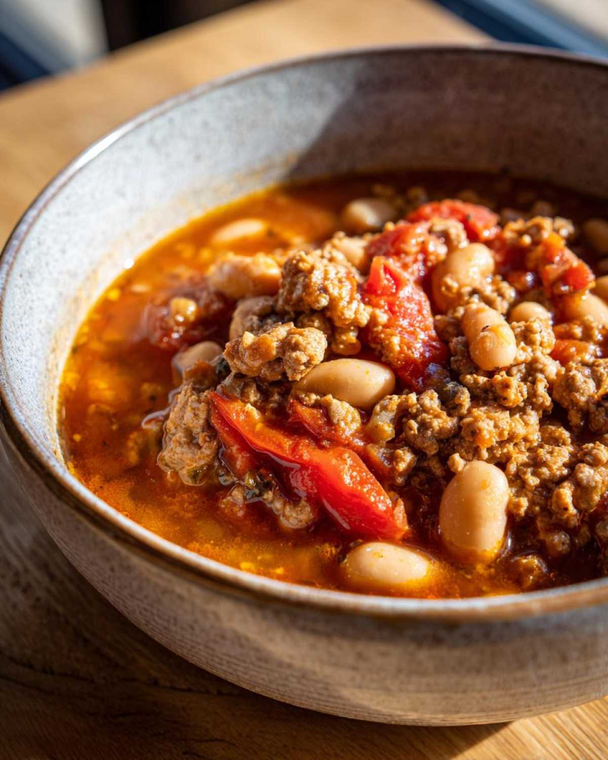 A close-up view of a hearty bowl of Spicy Turkey White Bean Chili, featuring ground turkey, white beans, and tomatoes.