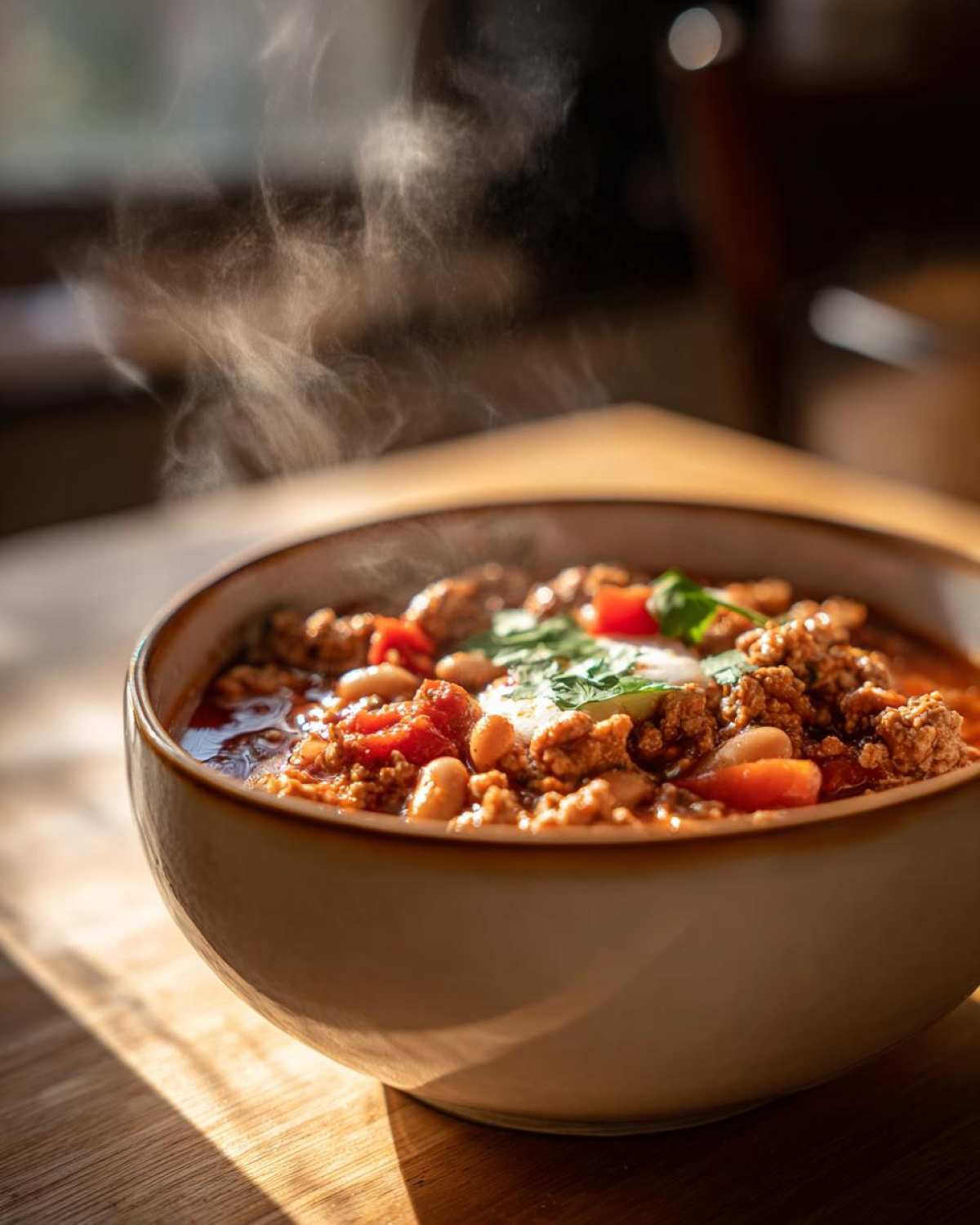 Close-up of hot, steaming Spicy Turkey White Bean Chili topped with sour cream and cilantro.
