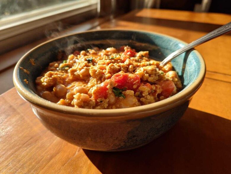 A steaming bowl of Spicy Turkey White Bean Chili featuring ground turkey, white beans, and tomatoes, set near a sunny window.